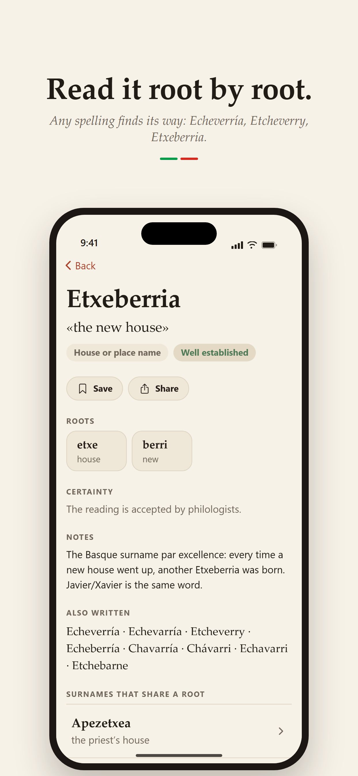 Euskal Abizenak: the entry for Etxeberria, root by root