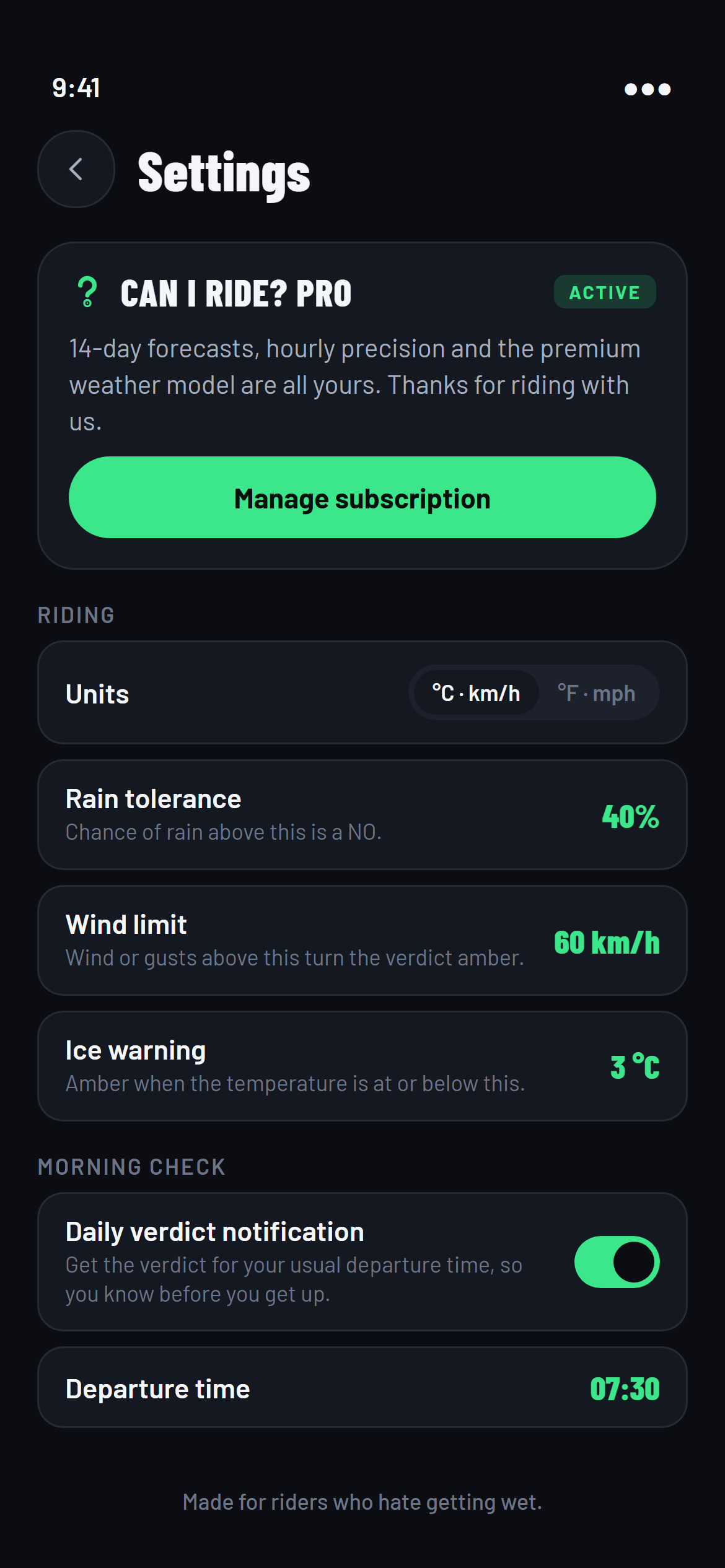 Can I Ride?: settings with the rain, wind and ice thresholds and the morning check