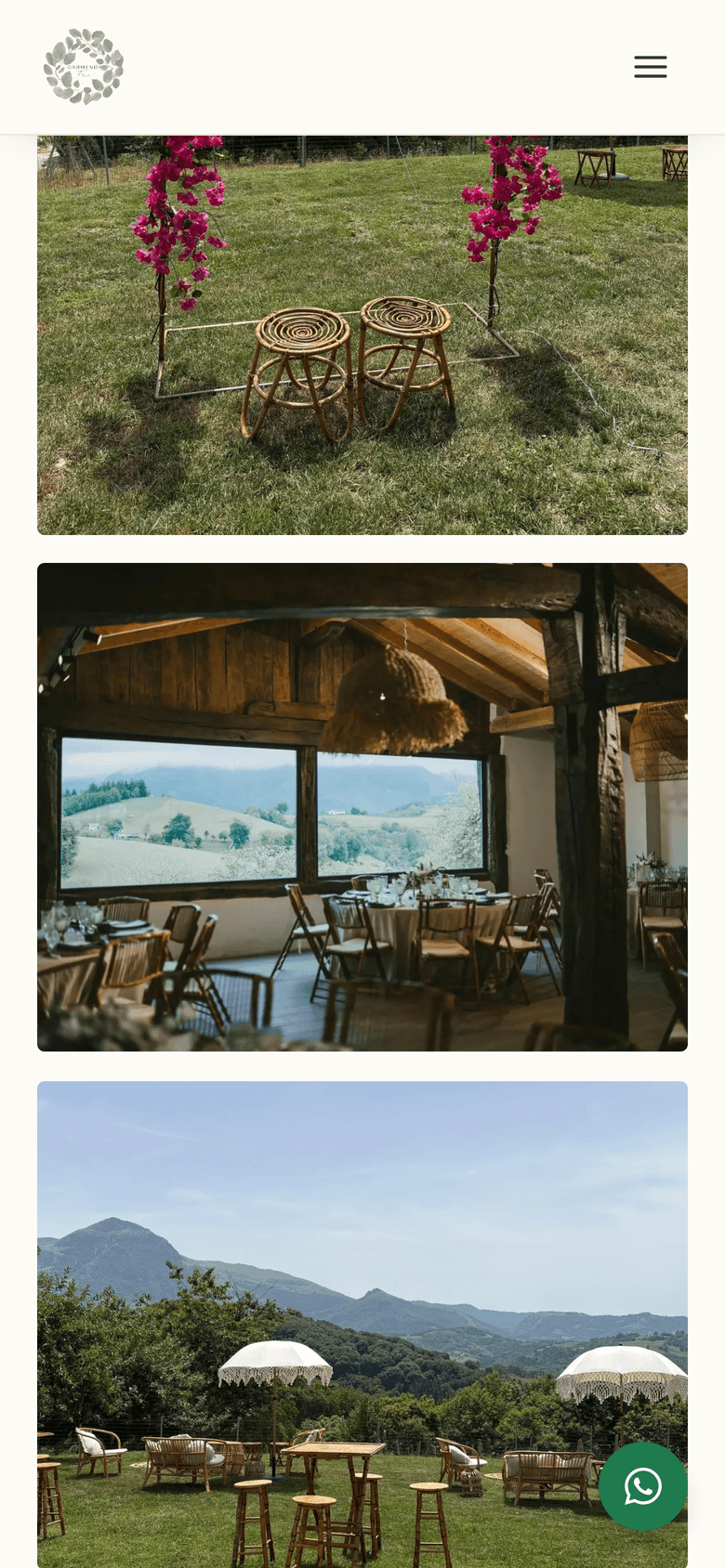 Finca Garmendi: the gallery, with the ceremony lawn, the dining room facing Aralar and the cocktail area