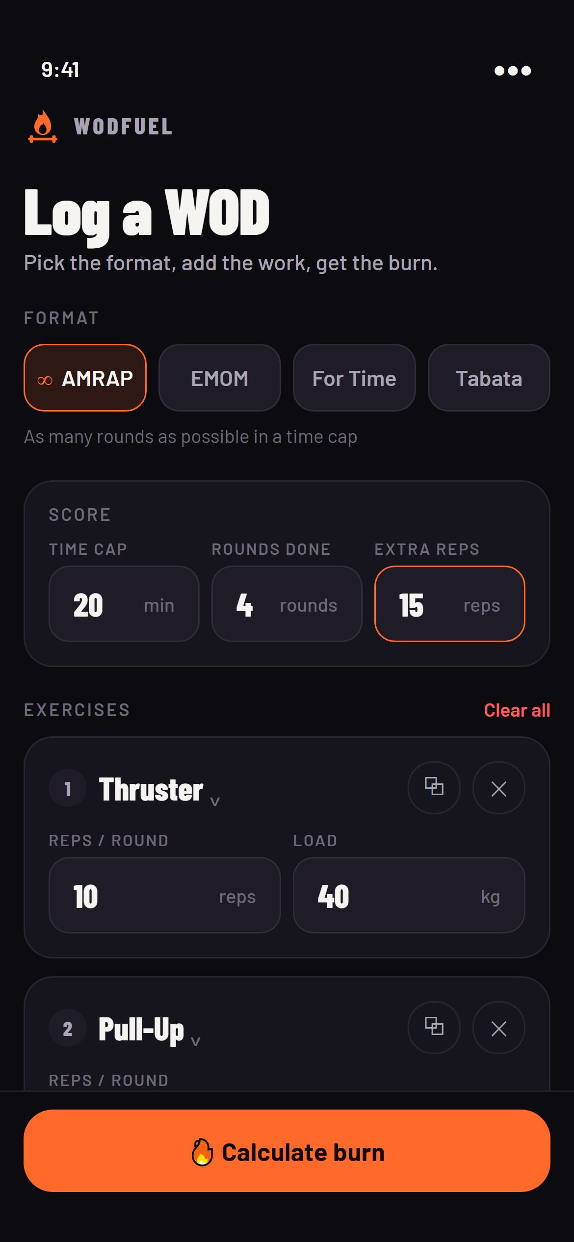 WODFuel: logging an AMRAP with its movements