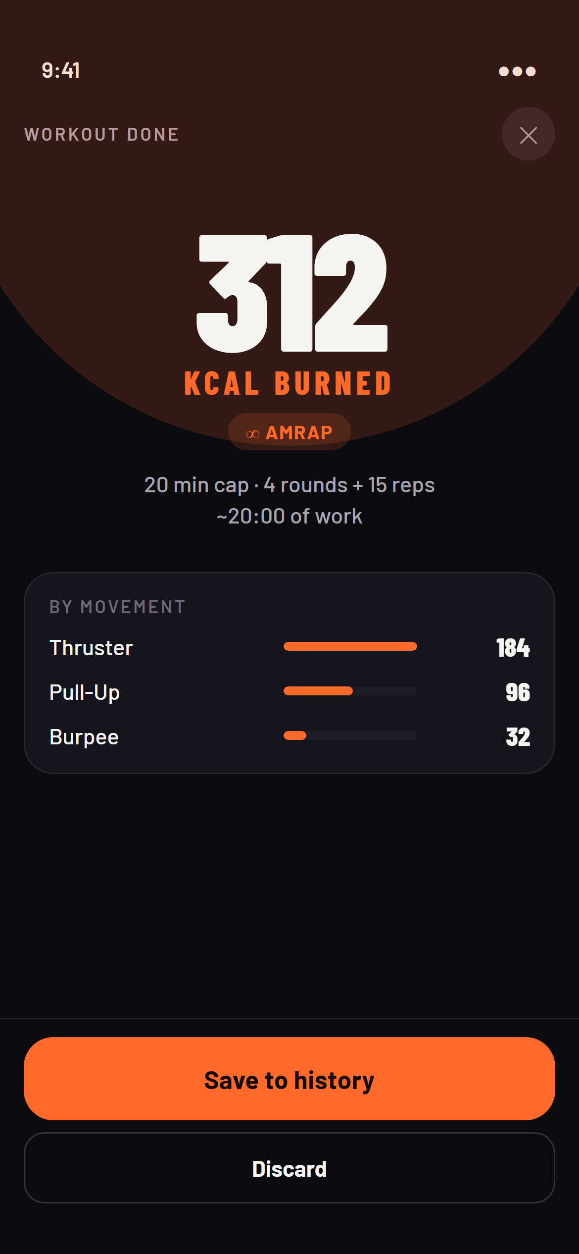 WODFuel: the calorie result with the breakdown by movement