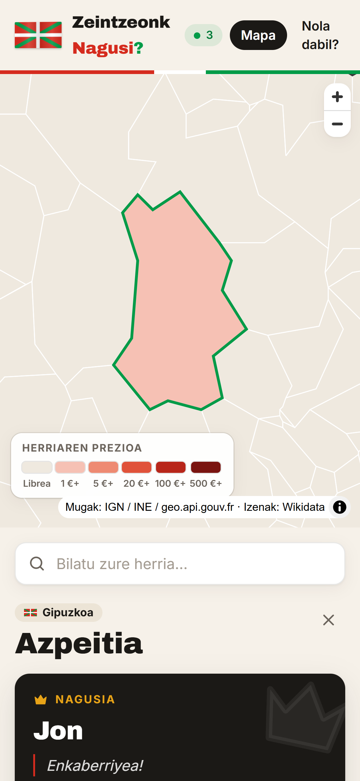 Zeintzeonk Nagusi?: Azpeitia selected on the map, with its current boss and message